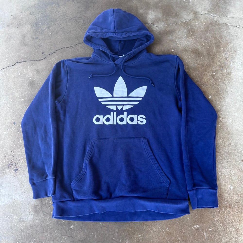 Adidas Trefoil Hoodie Mens Large Navy Blue Excellent Pullover Logo Sweatshirt